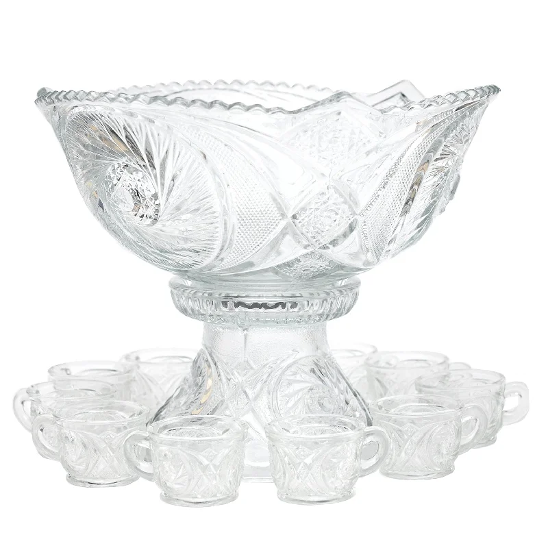 McKee Pressed Glass Pedestal Punch Bowl Set