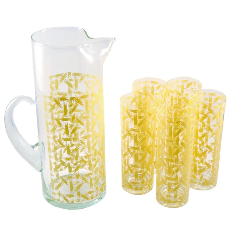 West Virginia Glass Yellow Weave Pitcher Set