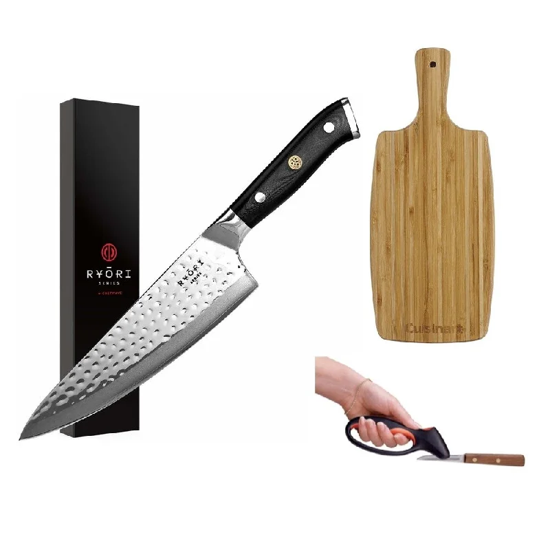 ChefWave 8 Inch Chef Knife, Hammered Finish Includes Cutting Board & Sharpener