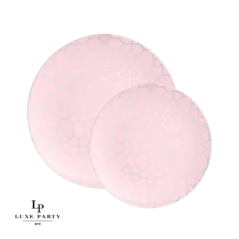 Round Blush • Silver Pattern Plastic Plates | 10 Pack