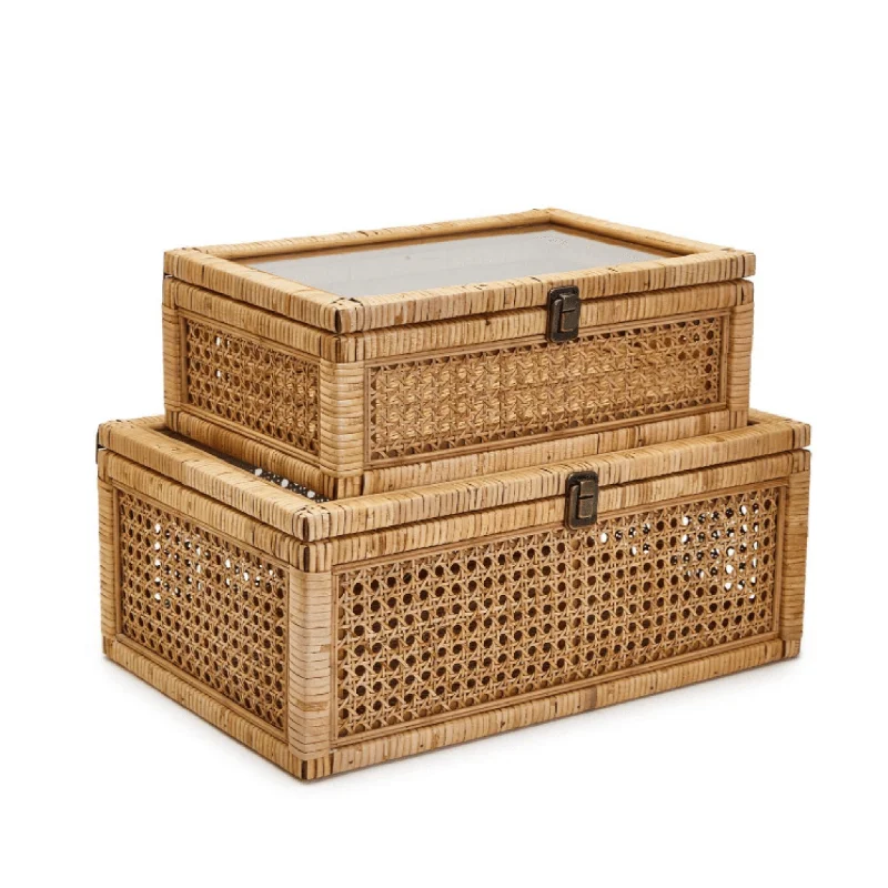 Set of 2 Hand-Crafted Rattan Decorative Storage Boxes with Glass Lid and Latch