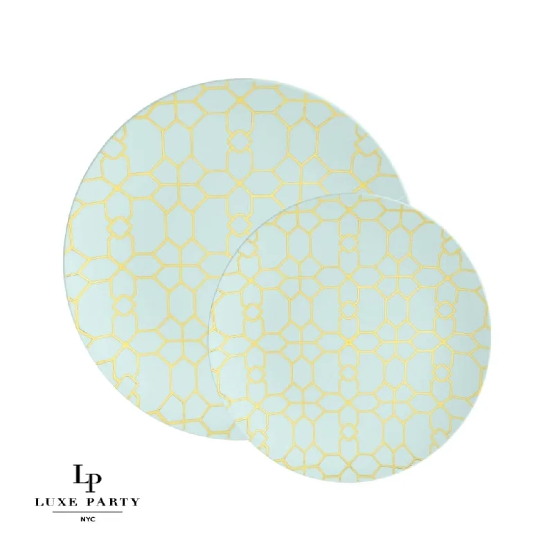 Round Mint Green and Gold Pattern Plastic Plates | 10 Pack