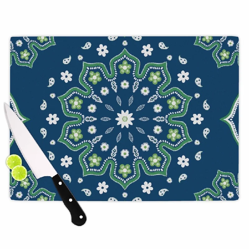 KESS InHouse Cristina Bianco Design 'Blue and Green Mandala Design' Yellow White Cutting Board