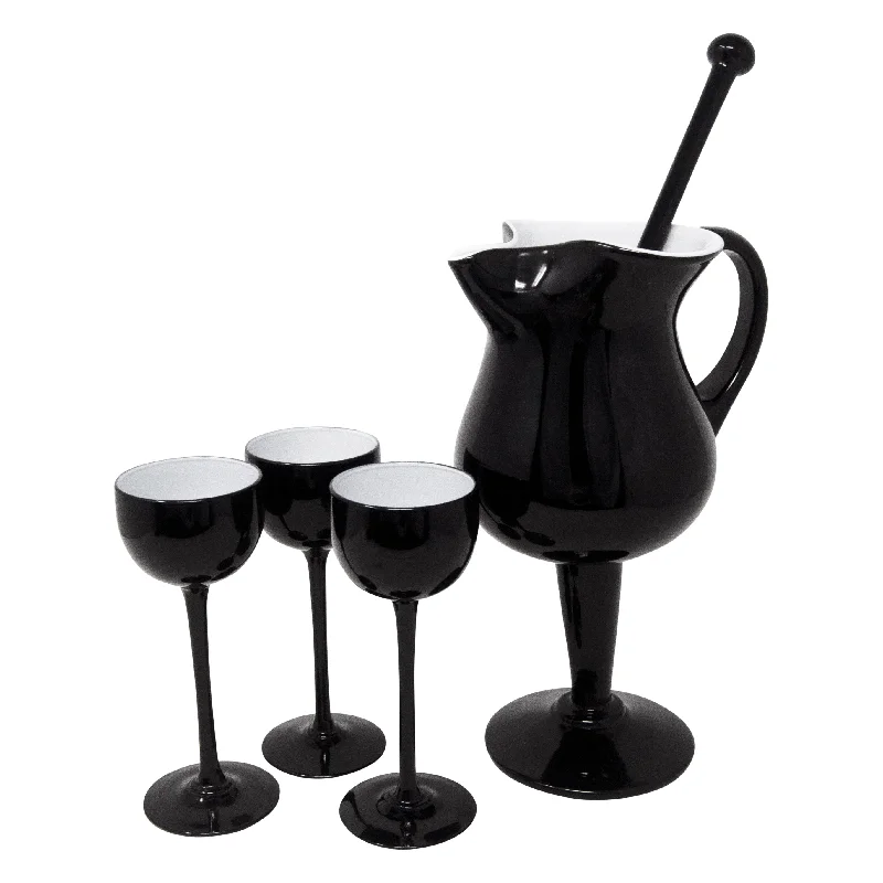 Black & White Cased Glass Footed Cocktail Pitcher Set