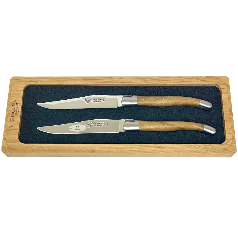 Laguiole en Aubrac Handcrafted 2-Piece Steak Knife Set with Teak Wood Handles