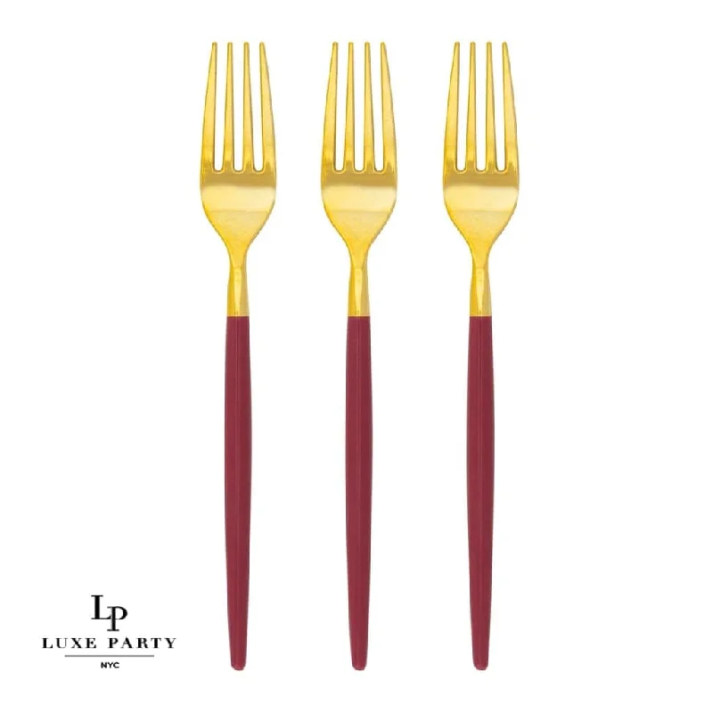 Chic Cranberry Red and Gold Plastic Forks | 32 Pieces