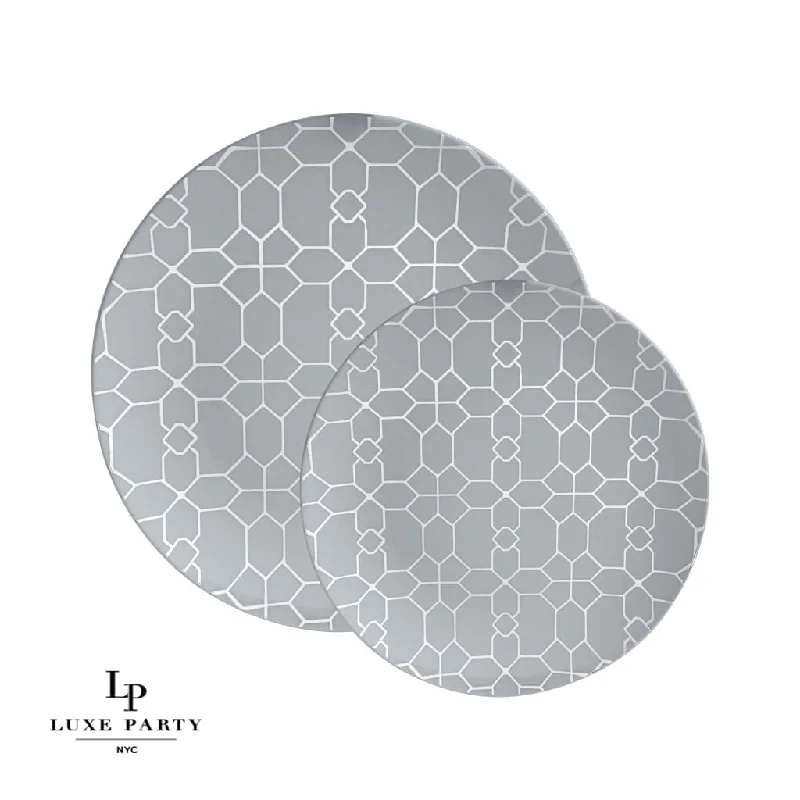 Round Grey • Silver Pattern Plastic Plates | 10 Pack