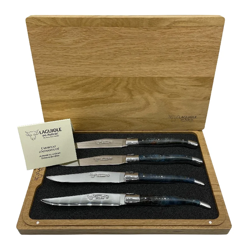 Laguiole en Aubrac Handcrafted 4-Piece Steak Knife Set with Blue Poplar Burl Handles, Polished Bolster