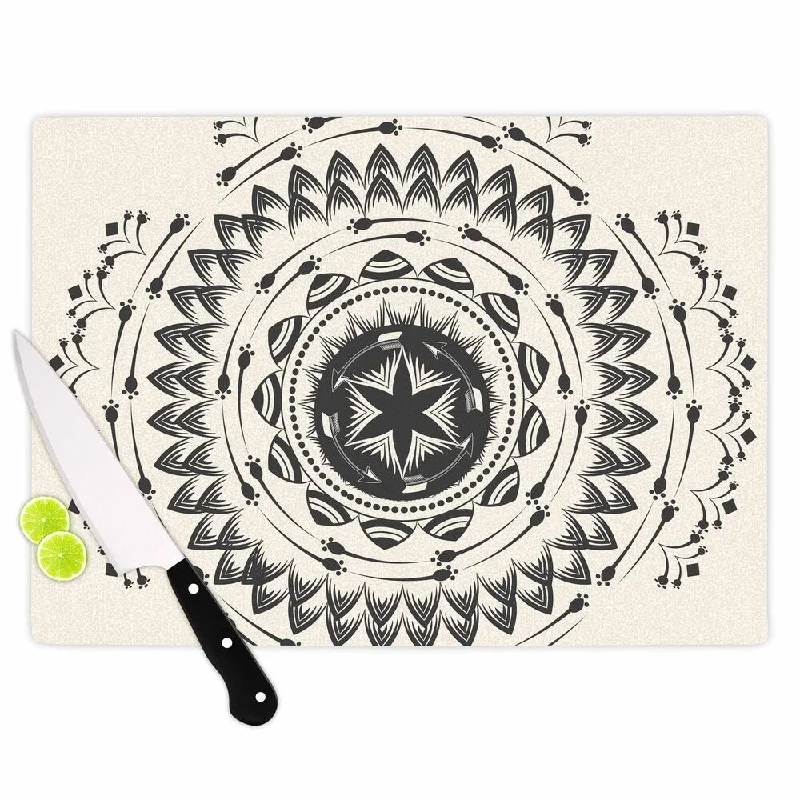 Kess InHouse Famenxt 'Boho Tribe Mandala' Beige and Black Tempered-glass Cutting Board