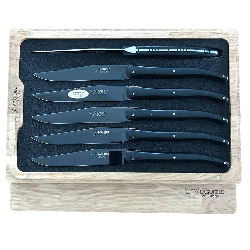 Laguiole en Aubrac Handcrafted 6-Piece Steak Knife Set with Titanium Blades & Paper Stone Handles