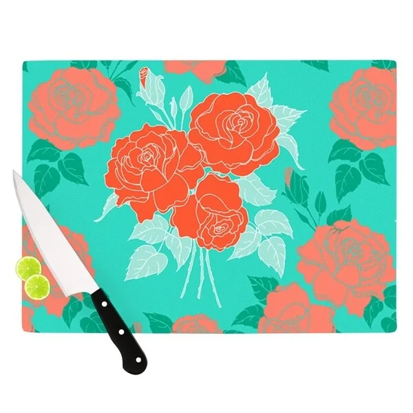 Kess InHouse Anneline Sophia "Summer Rose Orange" Teal Green Cutting Board