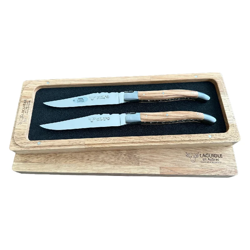 Laguiole en Aubrac Luxury Handcrafted Stainless Steel & Brass Double Plate 2-Piece Steak Knife Set with Olive Wood Handles