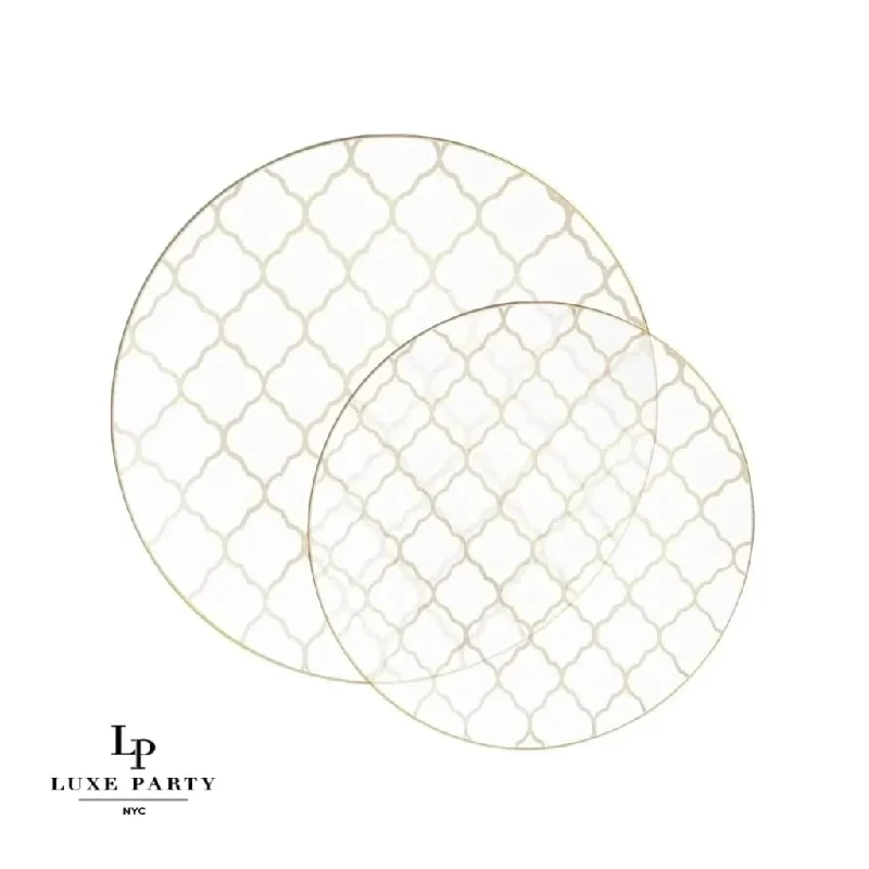 Round Clear • Gold Lattice Pattern Plastic Plates | 10 Pack