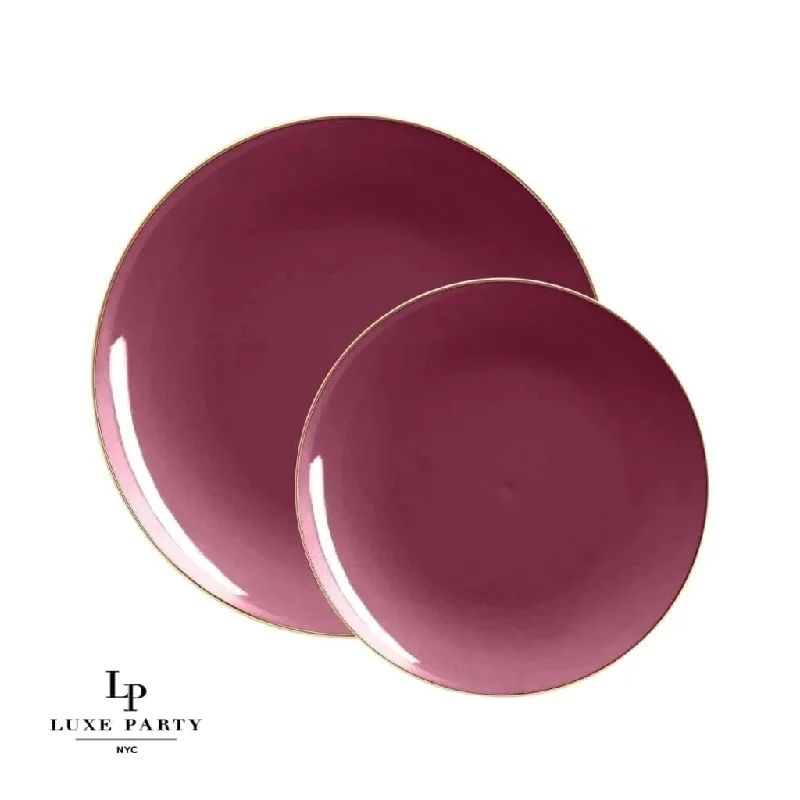 Round Cranberry Red and  Gold Plastic Plates | 10 Pack