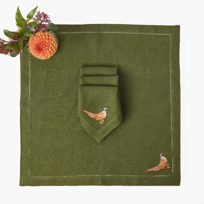 Green Embroidered Pheasant Linen Napkins (Set of 4)