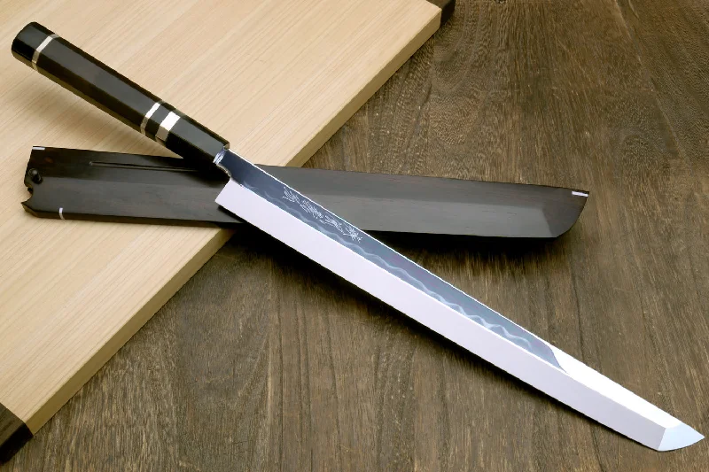 Yoshihiro Honyaki White Steel Mirror Finished Namiukashi Sakimaru Takobiki Sushi Sashimi Japanese Knife with Triple Nickel Silver Ring Ebony Handle and Premium Ebony Saya