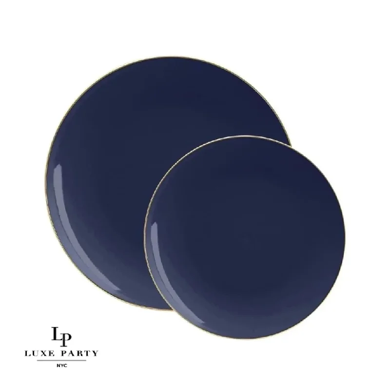 Round Navy Blue and Gold Plastic Plates | 10 Pack