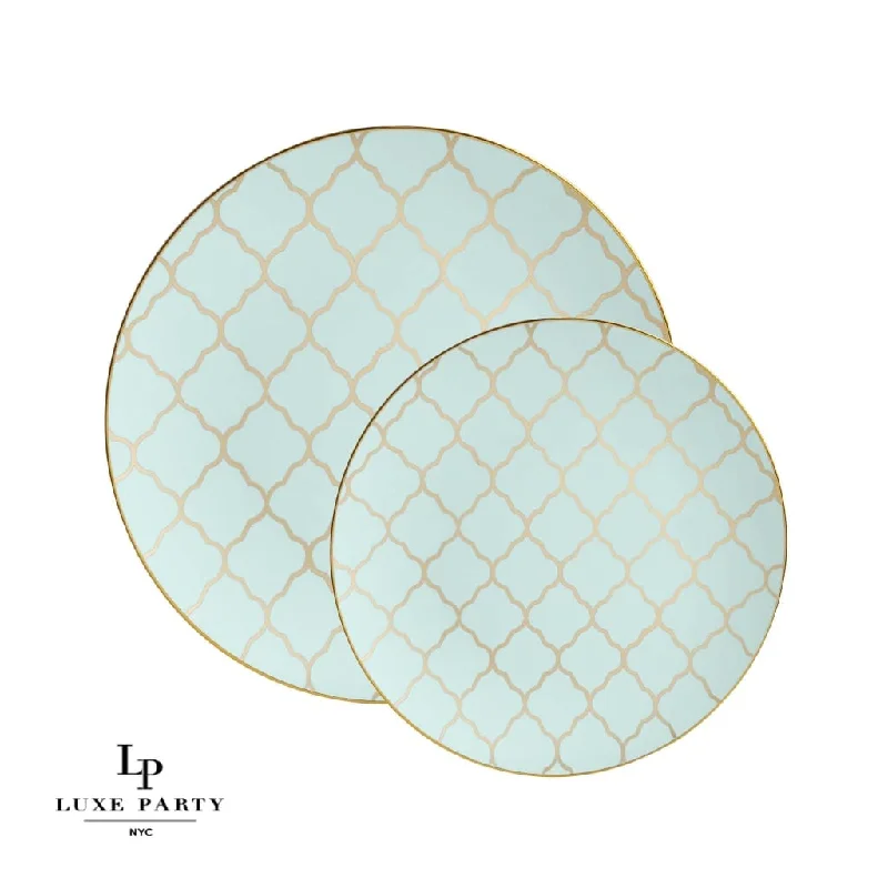 Round Mint Green and Gold Lattice Pattern Plastic Plates | 10 Pack