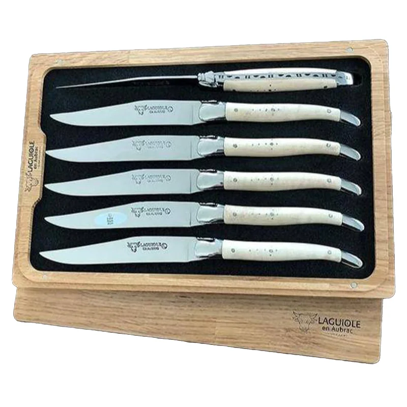 Laguiole en Aubrac Handcrafted 6-Piece Steak Knife Set with Wavy Natural Maple Wood Handles