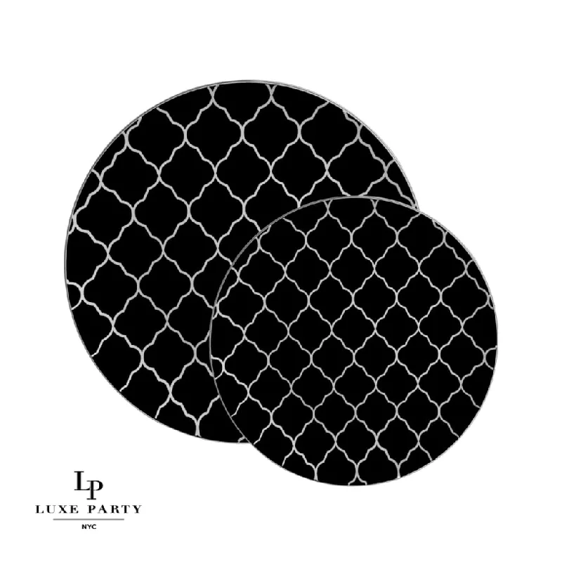 Round Black • Silver LT Pattern Plastic Plates | 10 Pack