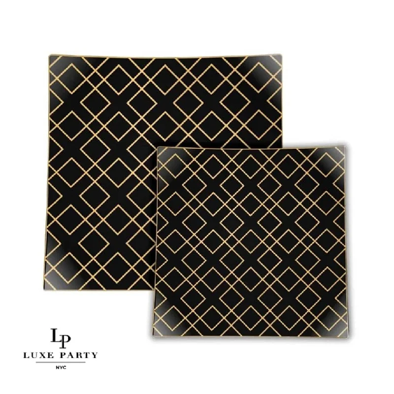 Square Black • Gold Art Deco Pattern Plastic Plates | 10 Plates