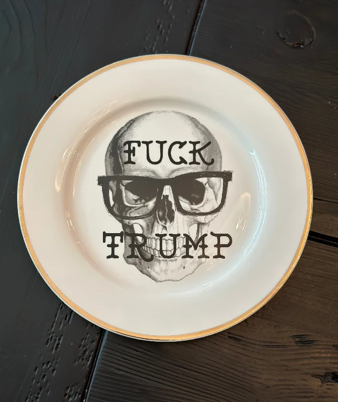 Fuck Trump | Vulgar vintage skeleton with glases decorative 11in dinner plate with wall hanger