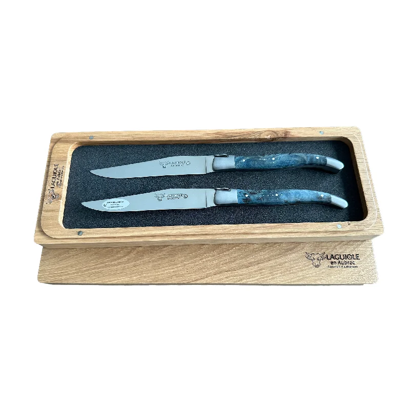 Laguiole en Aubrac Handcrafted 2-Piece Steak Knife Set with Blue Poplar Burl Handles, Brushed Bolster