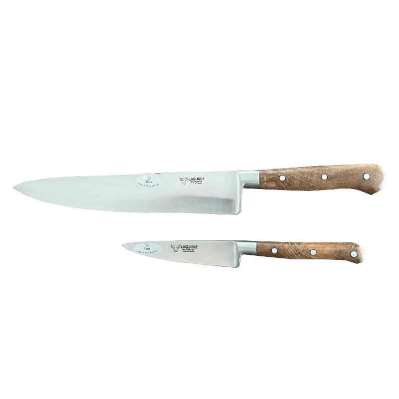 Laguiole en Aubrac Professional Stainless Fully Forged Steel 2-Piece Premium Kitchen Knife Set With Teak Wood Handles