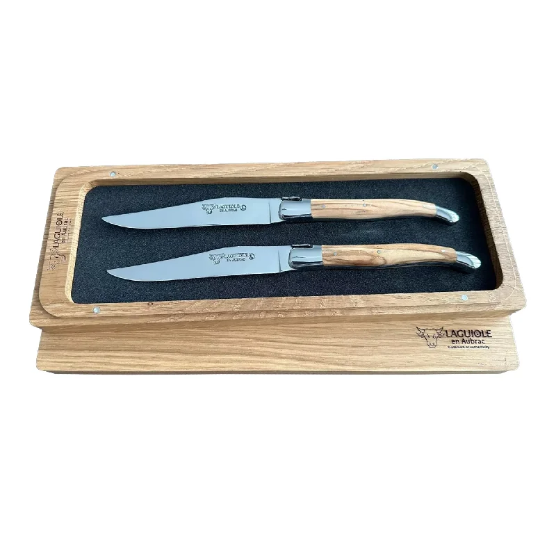 Laguiole en Aubrac Handcrafted 2-Piece Steak Knife Set with Olivewood Handles, Polished Bolsters