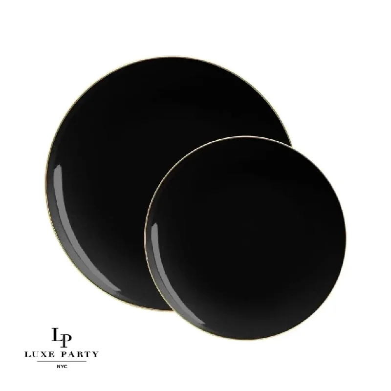 Round Black and Gold Plastic Plates | 10 Pack