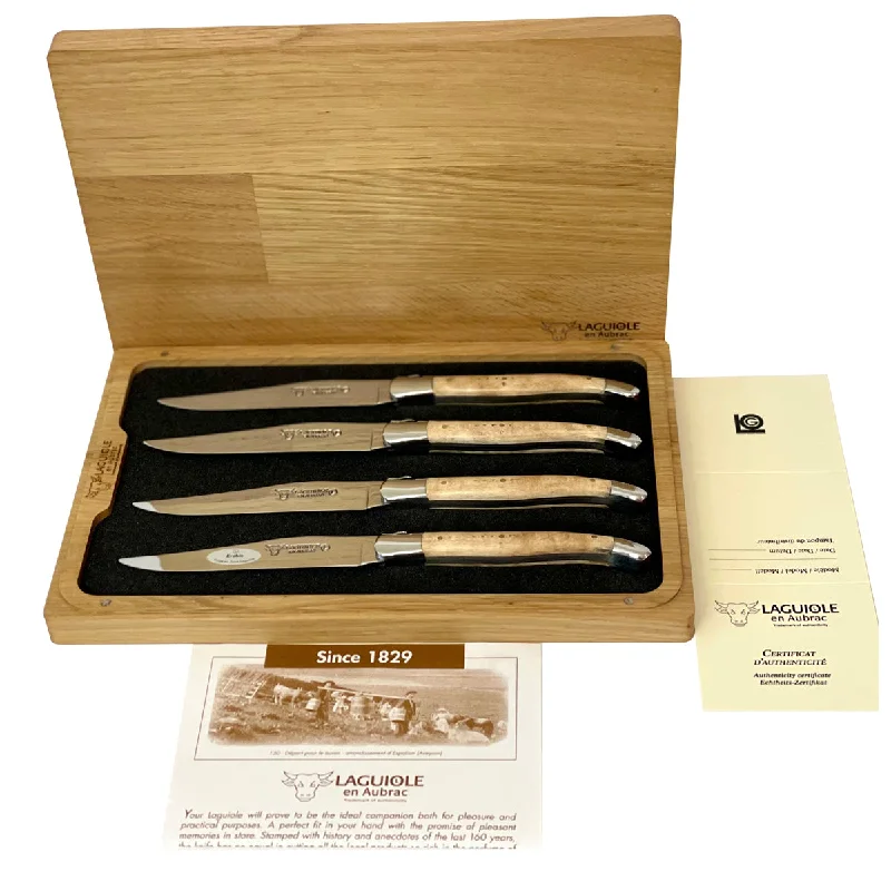 Laguiole en Aubrac Handcrafted 4-Piece Steak Knife Set with Maple Wood Handles