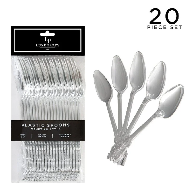 Venetian Design Silver Plastic Spoons | 20 Spoons