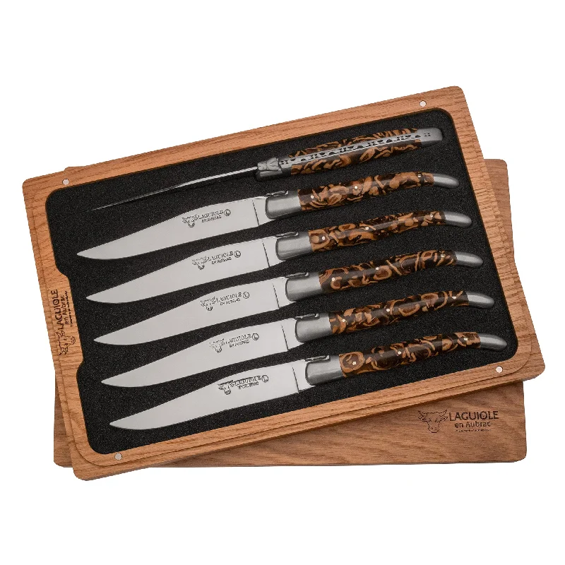 Laguiole en Aubrac Handcrafted 6-Piece Steak Knife Set with Marbled Walnut Handle, Stainless Steel Matte Bolsters