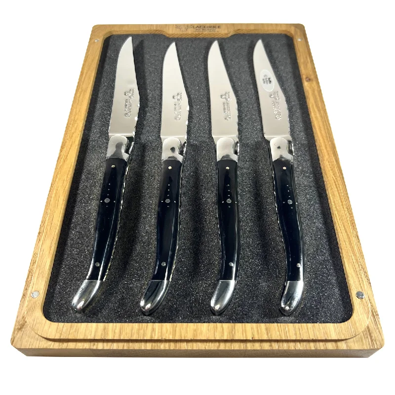 Laguiole en Aubrac Luxury Handcrafted Stainless Steel & Brass Double Plate 4-Piece Steak Knife Set with Buffalo Horn Handles