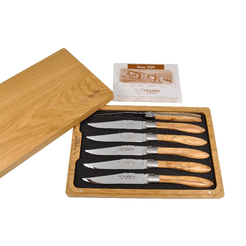 Laguiole en Aubrac Handcrafted Crocus 6-Piece Steak Knife Set With Olivewood Handles