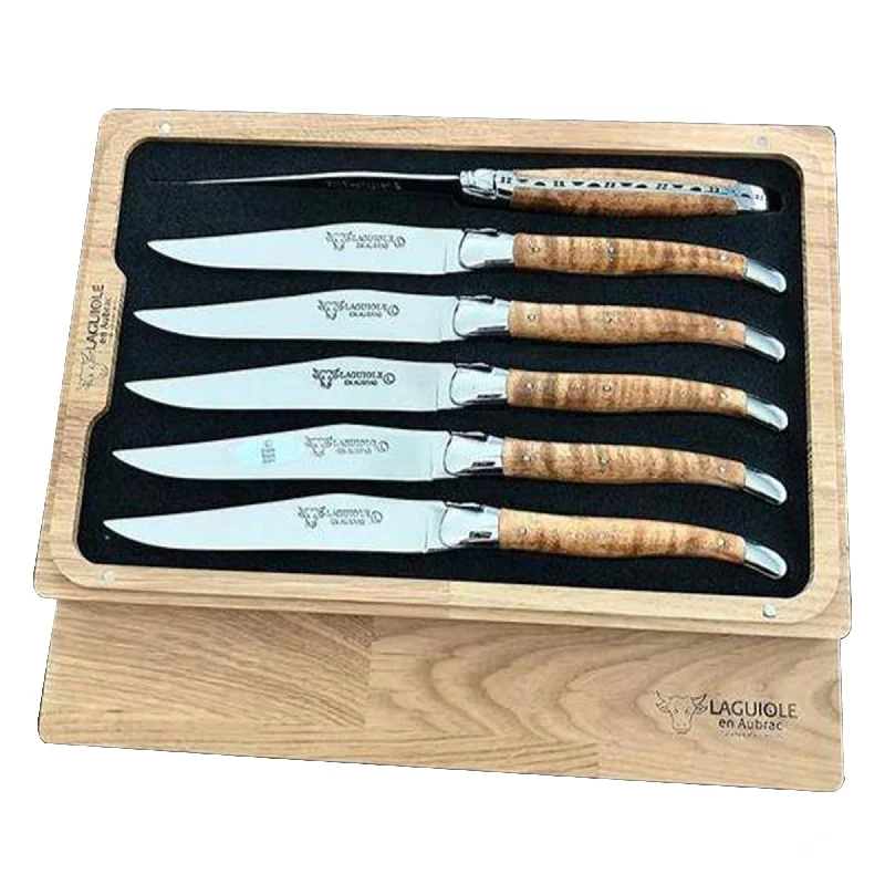 Laguiole en Aubrac Handcrafted 6-Piece Steak Knife Set with Wavy Maple Wood Handles