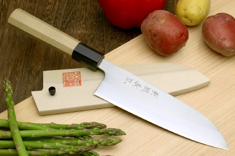 Yoshihiro White Steel #1 Stainless Clad Santoku Multipurpose Knife with Magnolia Wood Handle