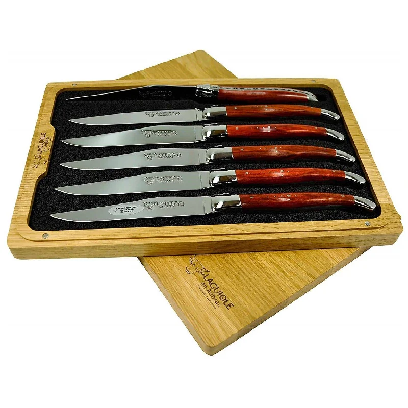 Laguiole en Aubrac Handcrafted 6-Piece Steak Knife Set with Red Heart Wood Handles, Polished Bolsters