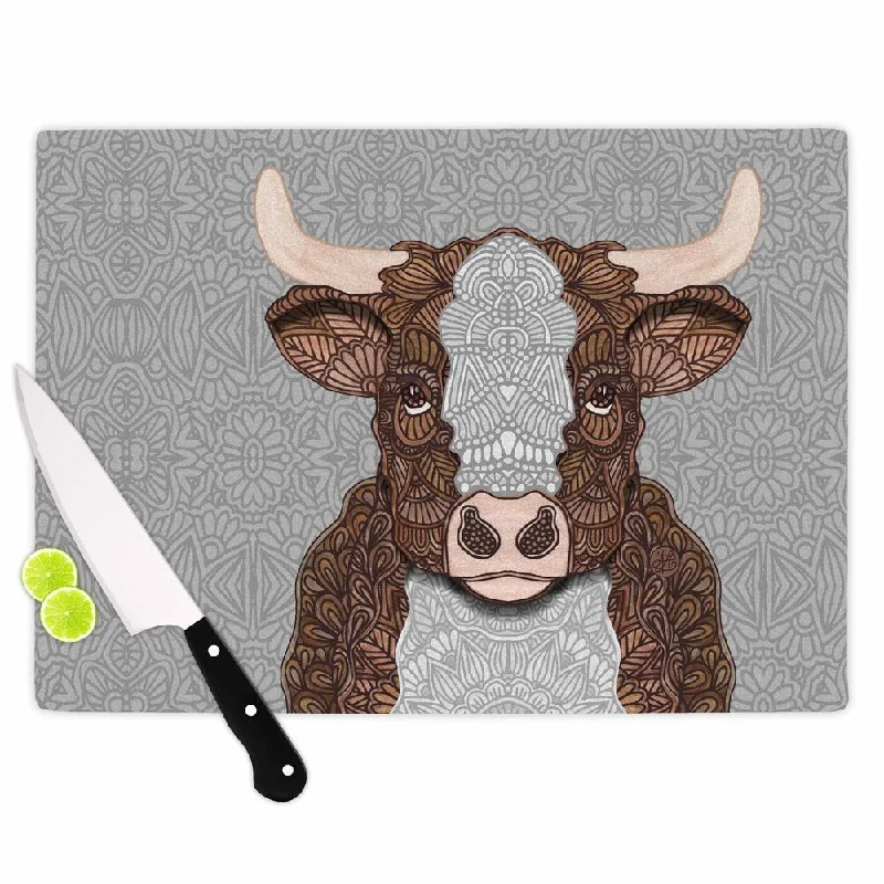 Kess InHouse Art Love Passion "Gustaf The Bull" Brown Gray Cutting Board