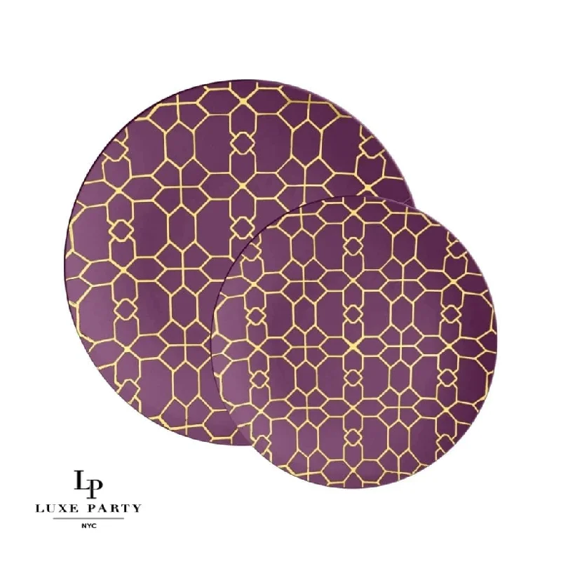 Round Purple • Gold Pattern Plastic Plates | 10 Pack