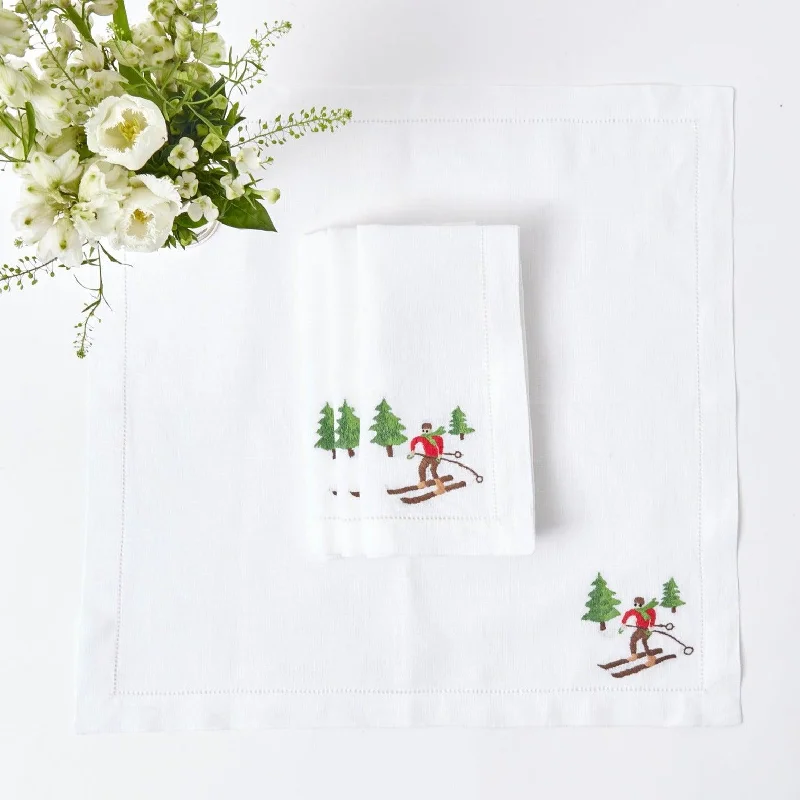 White Embroidered Skier Napkins (Set of 4)