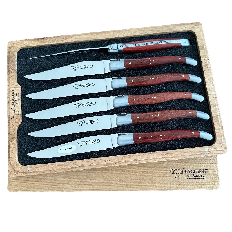 Laguiole en Aubrac Handcrafted 6-Piece Steak Knife Set With Red Heart Wood Handles, Brushed Bolsters