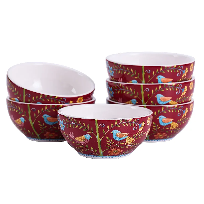 Bico Red Spring Bird Dessert Bowls Set of 6, Ceramic, 12oz, for Ice Cream, Salad, Cereal, Dipping Sauce, Microwave & Dishwasher Safe