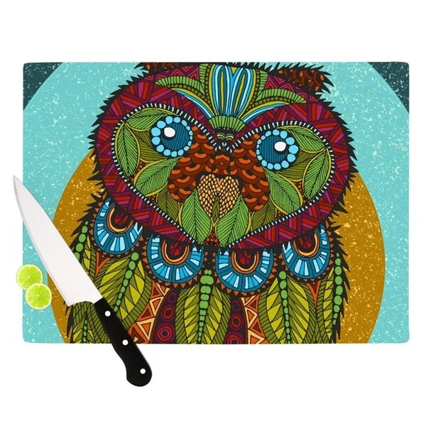 Kess InHouse Art Love Passion "Owl" Teal Multicolor Cutting Board