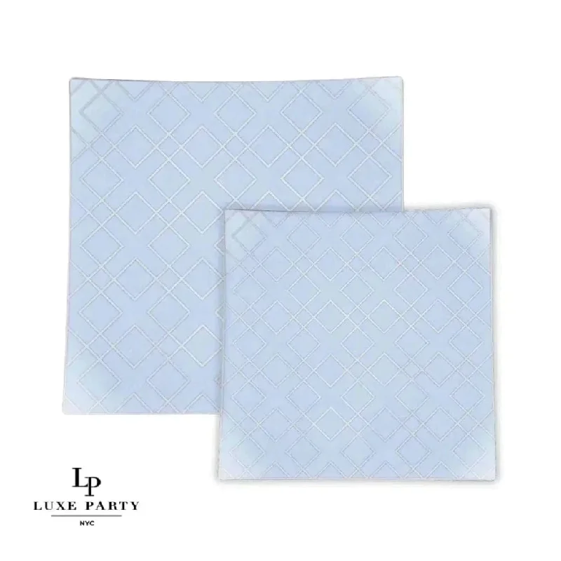 Square Ice Blue • Silver Art Deco Pattern Plastic Plates | 10 Plates