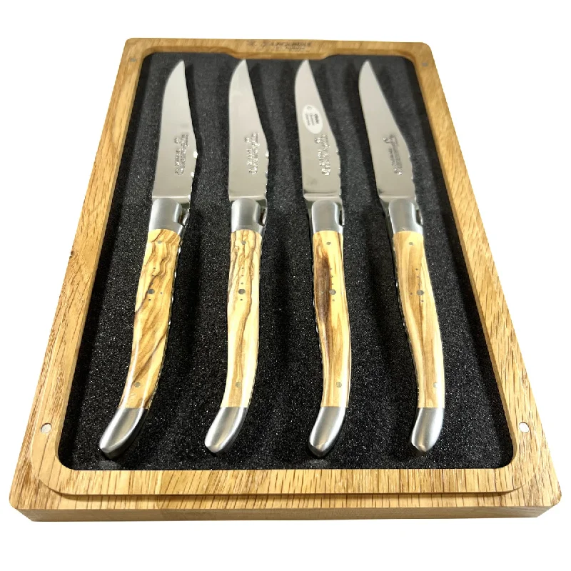 Laguiole en Aubrac Luxury Handcrafted Stainless Steel & Brass Double Plate 4-Piece Steak Knife Set with Olivewood Handles