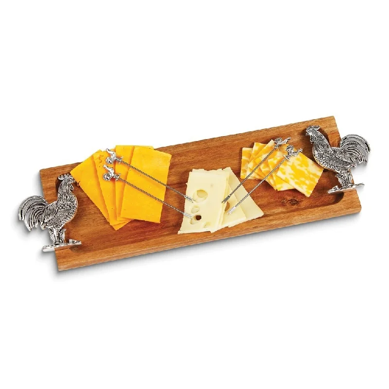 Curata Foodie Bites Acacia Wood Board with Rooster Handles and 4 Stainless Steel Picks