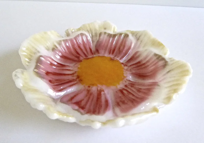 Coral, Cream and Yellow Fused Glass Flower Dish