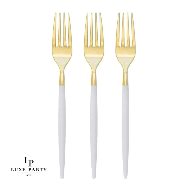 Chic White and Gold Plastic Forks | 32 Pieces