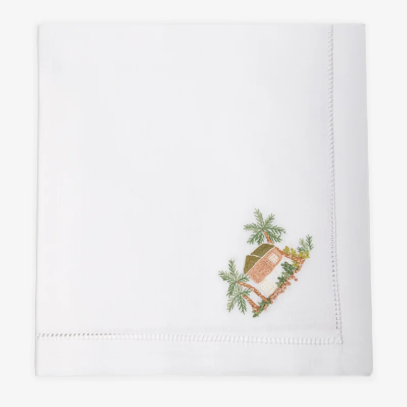 Hand Embroidered Hemstitched Napkin Tropical Hut Set Of Six